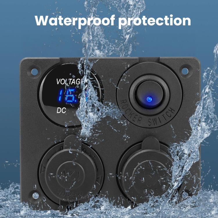 Waterproof car panel switch with digital voltmeter and dual USB ports with blue ring