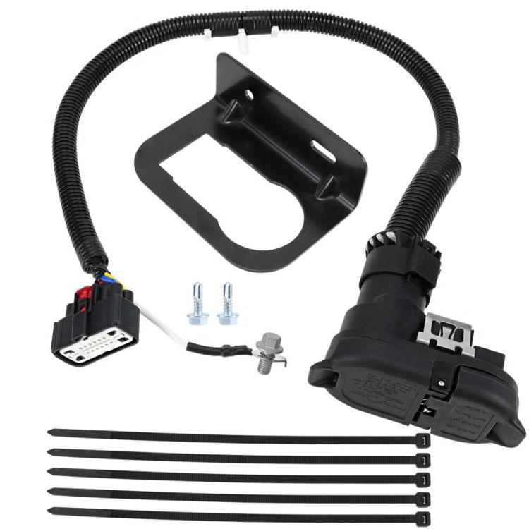 Black trailer wiring harness connector set with mounting bracket, plug socket, and fasteners