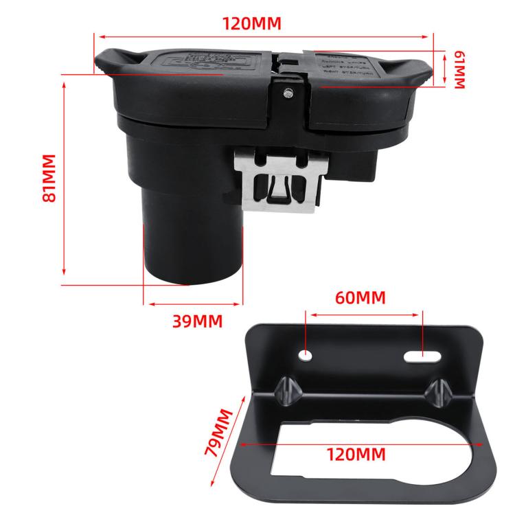 Black trailer connector module with mounting bracket and size markings (120mm x 81mm)
