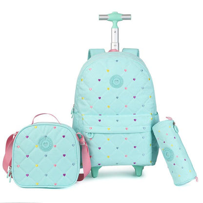 Light blue quilted rolling backpack set with heart pattern, matching lunch box and pouch