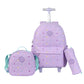 Purple quilted rolling backpack set with heart pattern, matching lunch box and side pouch