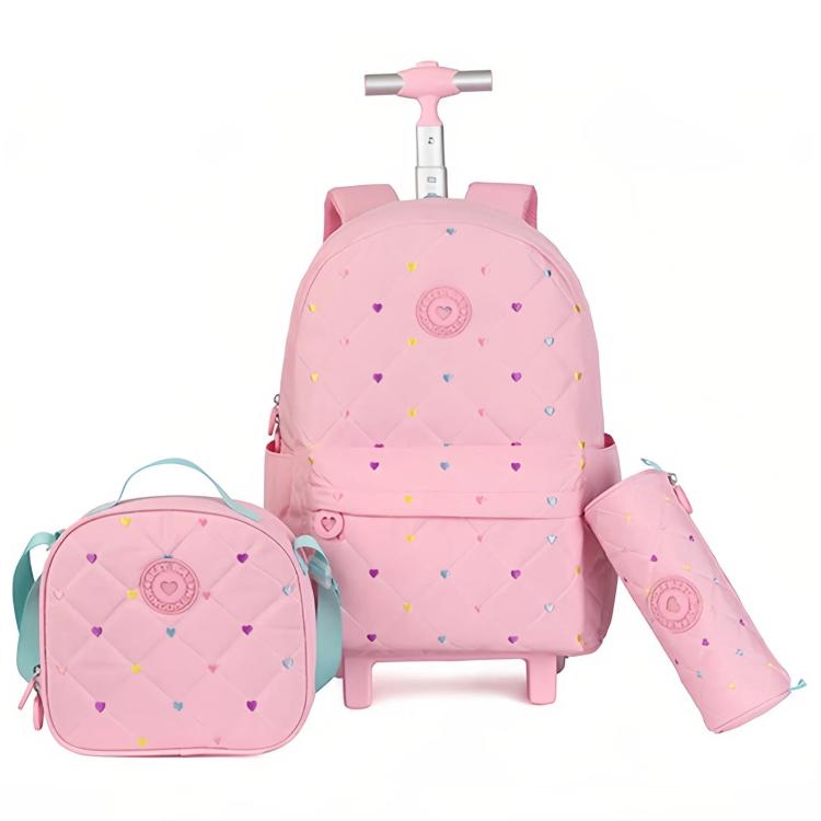 Pink quilted rolling backpack set with heart pattern, matching lunch box and side pouch
