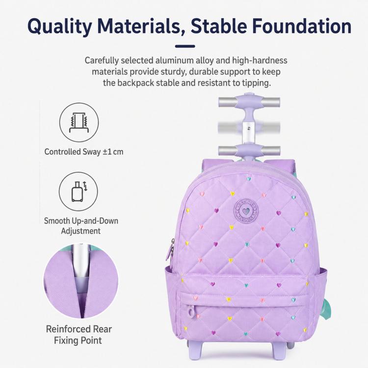 Purple quilted rolling backpack with heart pattern, front pocket and adjustable handle