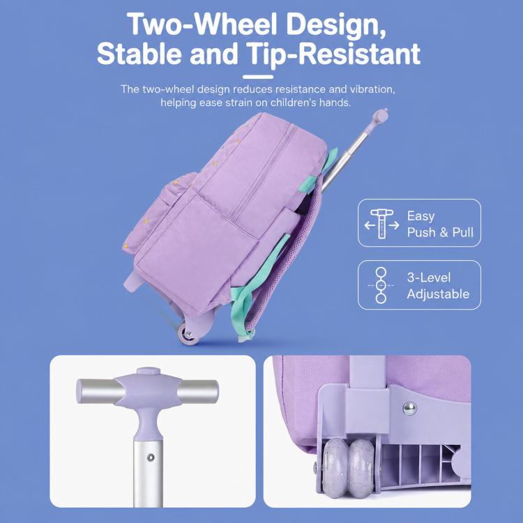 Purple rolling backpack showing wheels and side handle for push-pull rolling