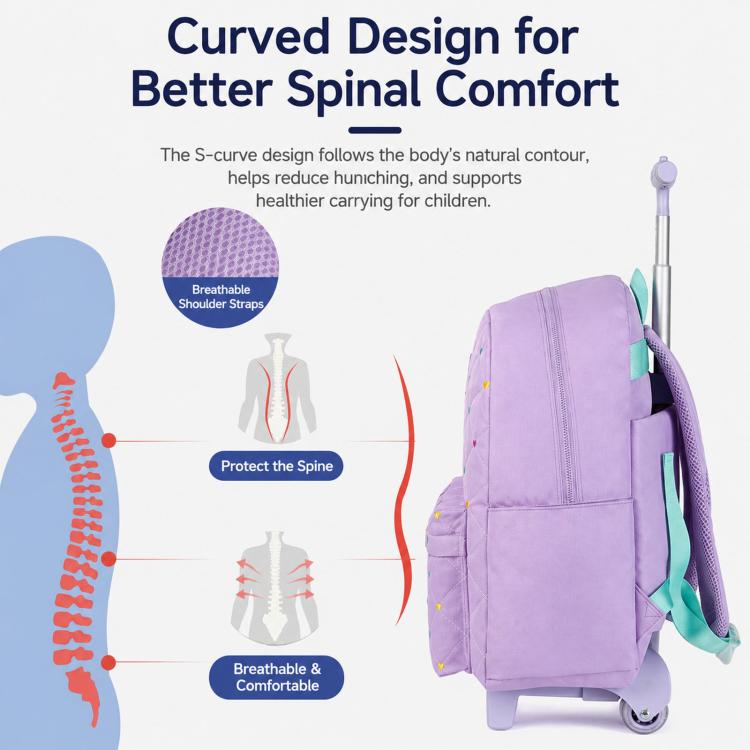 Purple rolling backpack with padded shoulder straps and quilted heart pattern