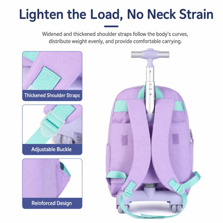 Purple rolling backpack with reinforced shoulder straps and adjustable buckle