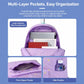 Purple rolling backpack interior showing multi-pocket organization through open top