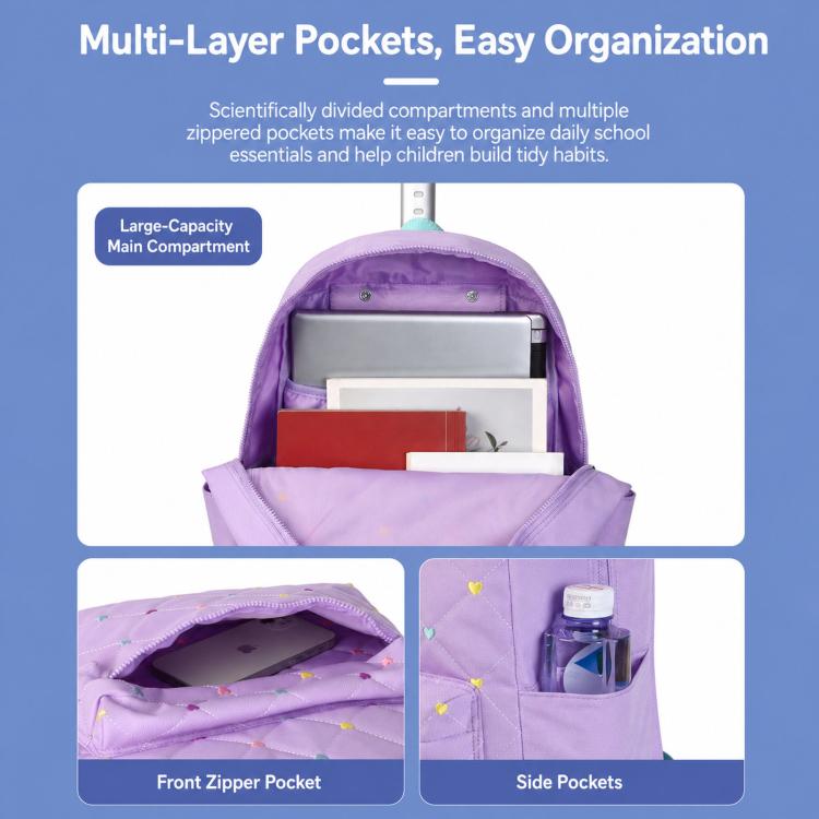 Purple rolling backpack interior showing multi-pocket organization through open top