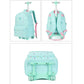Light blue rolling backpack set: front and back views with quilted heart pattern