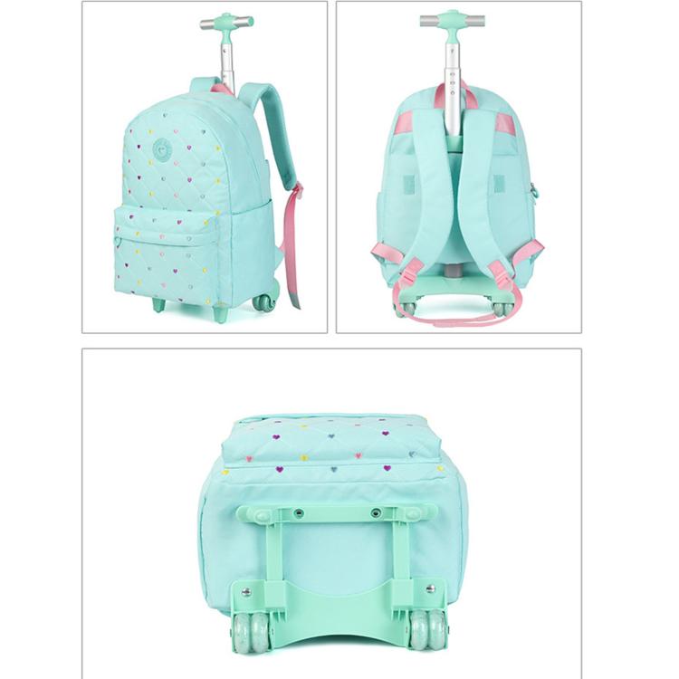 Light blue rolling backpack set: front and back views with quilted heart pattern