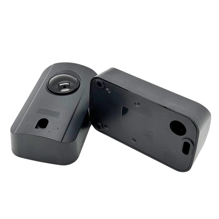 Infrared detector sensors angled view, round lens and side ports on dark gray housings