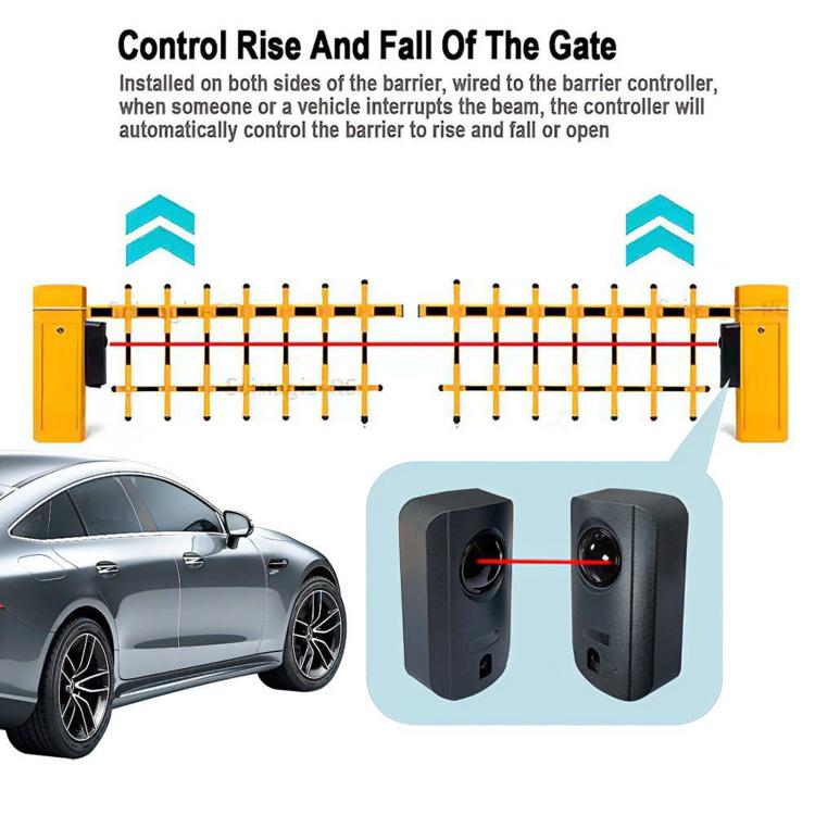 Infrared detector pair mounted near a gate for beam monitoring, dark gray housings