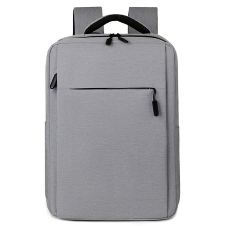 Light gray waterproof laptop backpack with top handle and front zip pocket
