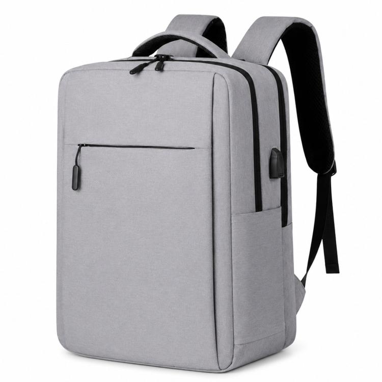 Light gray laptop backpack with zip front pocket, side panel, and padded shoulder straps