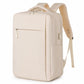 Beige laptop backpack with front zip pocket and adjustable padded shoulder straps