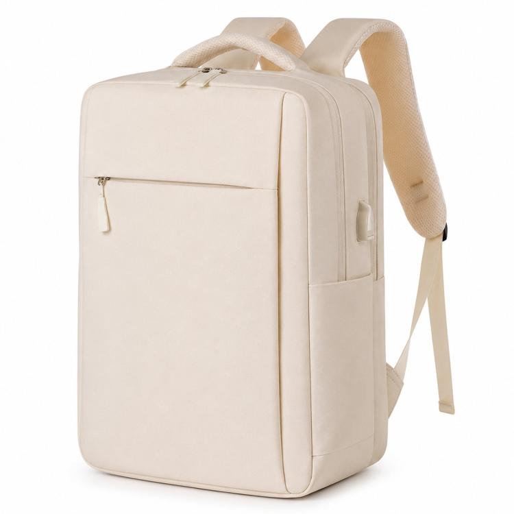 Beige laptop backpack with front zip pocket and adjustable padded shoulder straps