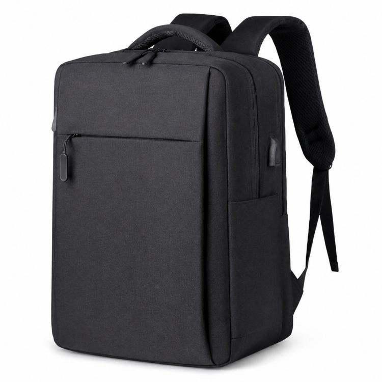 Black laptop backpack with top handle, front zip pocket, and padded shoulder straps