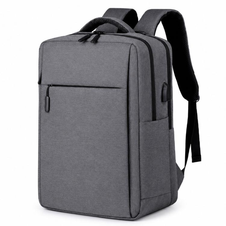 Dark gray laptop backpack with zip front pocket, side panel, and padded shoulder straps