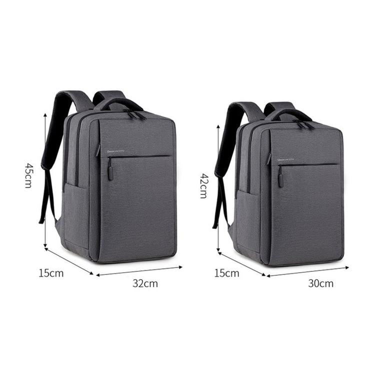 Gray laptop backpack size diagram with front pocket and adjustable shoulder straps