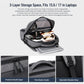 Gray laptop backpack open showing layered interior compartments and laptop sleeve