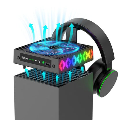 Black Xbox Series X top cooling fan with rainbow RGB lighted honeycomb vents