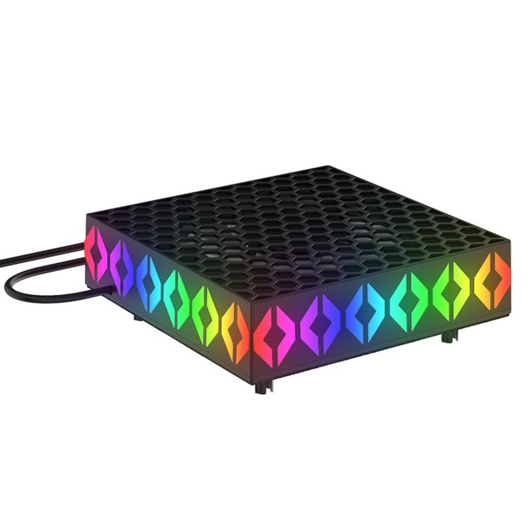 Angled view of black Xbox cooling fan base with rainbow RGB side lighting