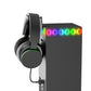 Close-up of black cooling fan with arched headset hook and green accent ring