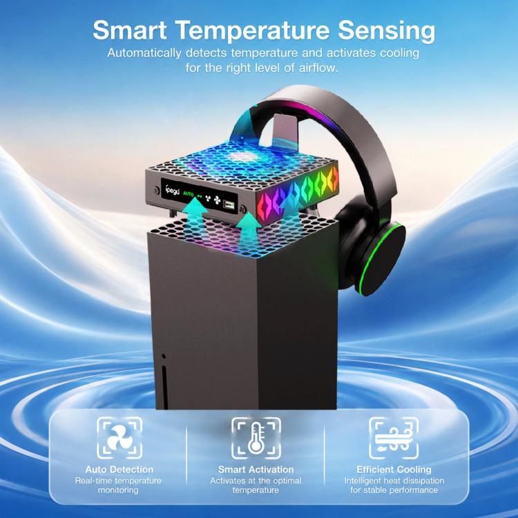 Front view of black Xbox console cooler with rainbow RGB top vent and arc handle