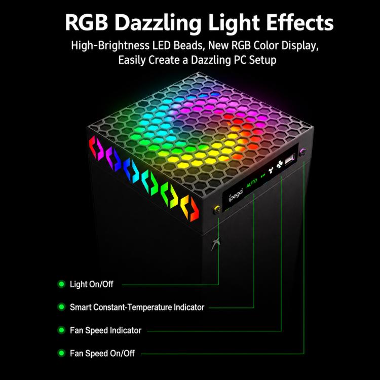 Black cooler with honeycomb top grid glowing rainbow RGB and control panel