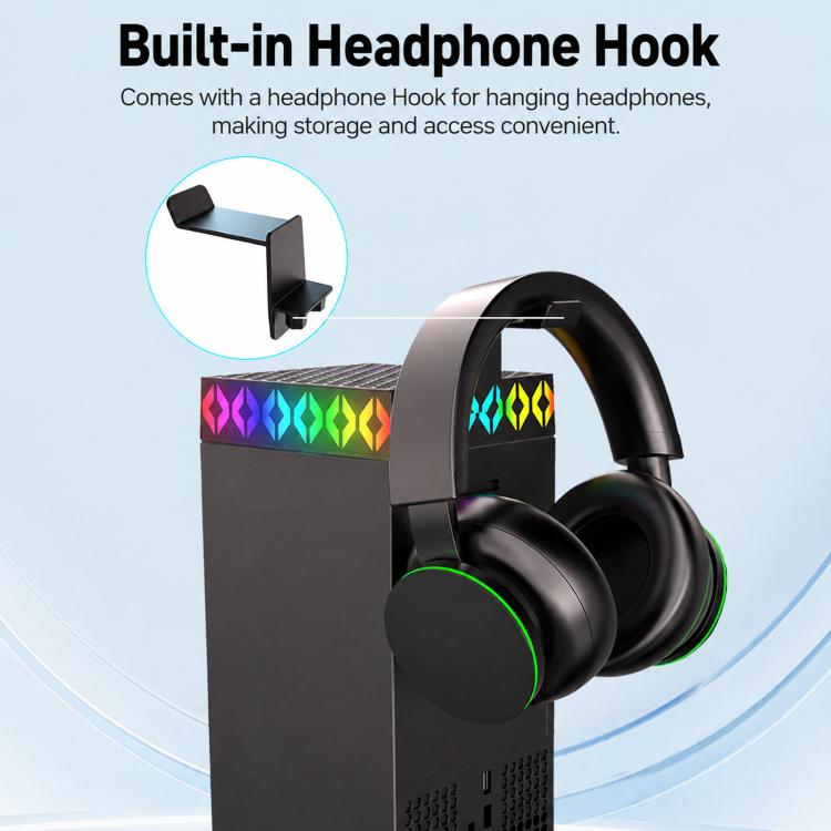 Black cooling fan with built-in headphone hook above rainbow RGB light strip