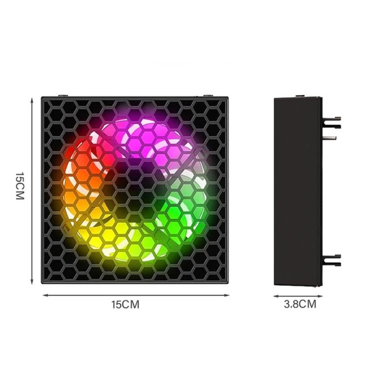 Black RGB cooling fan shown with front and side profile views for size