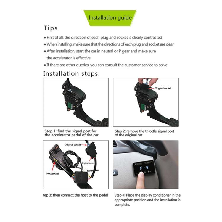 Electronic throttle controller installation guide showing plug, cable, and connector steps