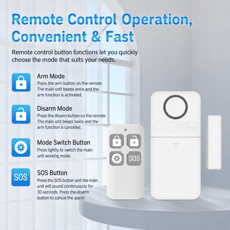 2 In 1 Wireless Door Window Alarm With Remote Control 130dB Magnetic Sensor For Home Security 4 Modes