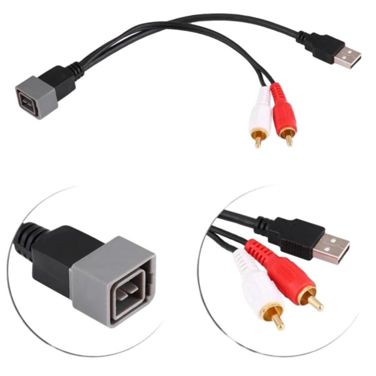 Car stereo USB to 2-RCA audio cable with black adapter and red/white connectors