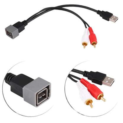 Car stereo USB to 2-RCA audio cable with black adapter and red/white connectors