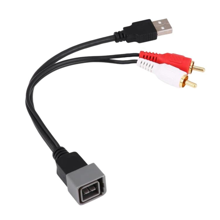 USB to dual RCA audio cable with black housing and red/white plugs