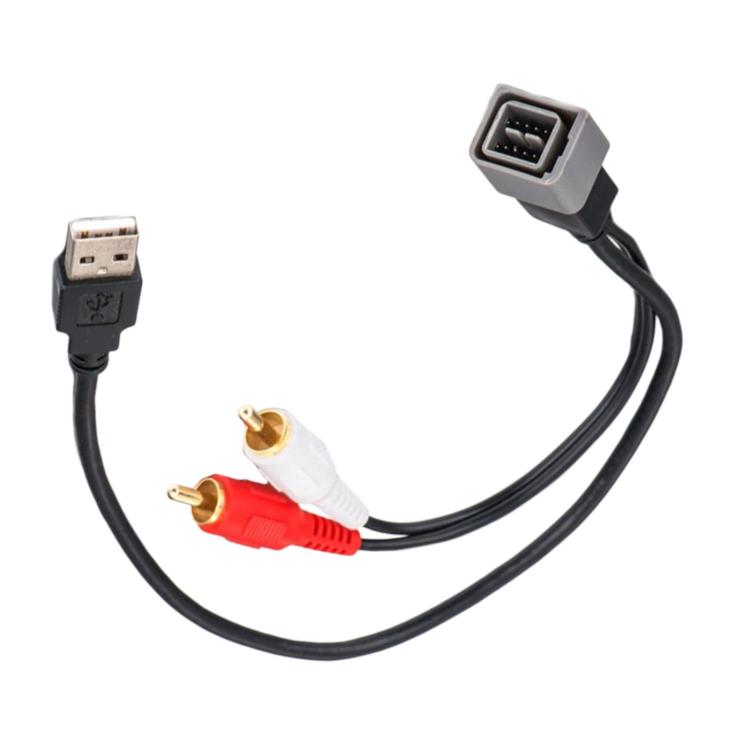 USB and RCA audio cable with gray USB adapter and red/white RCA connectors