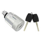 Ignition lock cylinder with two keys, angled view, silver body and black keys