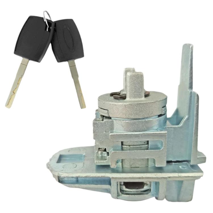 Left door lock cylinder with key and metal housing, blue-gray plastic base