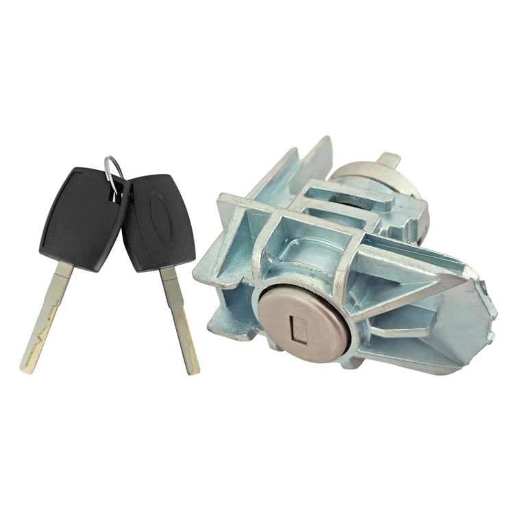 Left door lock cylinder with key, silver lock barrel and blue-gray bracket