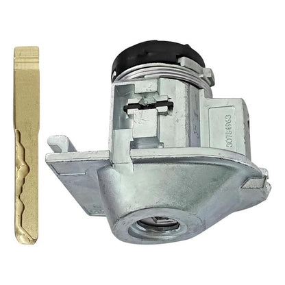 Door lock cylinder with metal key, gray housing and black cap, replacement lock core