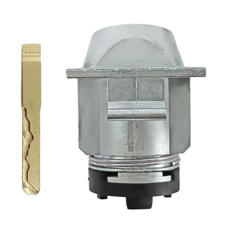 Door lock cylinder with key, gray body and black base ring, replacement lock core