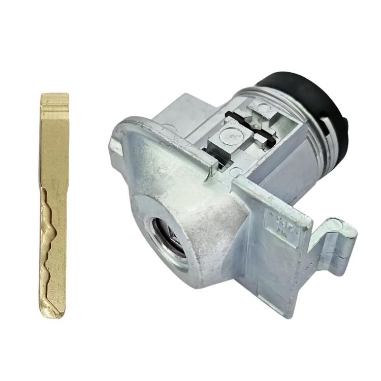 Door lock cylinder with metal key, gray lock core housing and black rubber end
