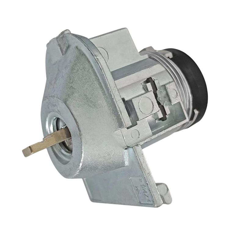 Door lock cylinder with key slot, gray metal body and black end cap, lock core