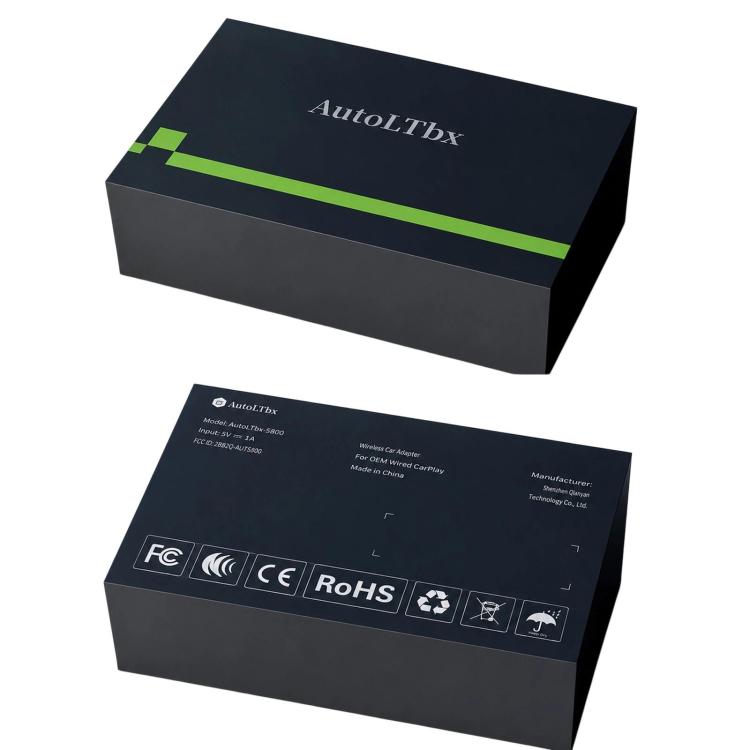AutolTbx wireless CarPlay adapter box packaging with labels and icons