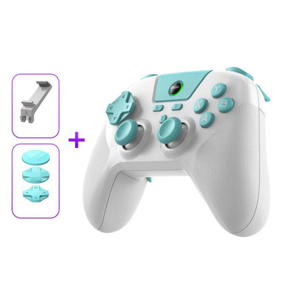 Wireless game controller, white with teal buttons and carbon-texture thumbsticks