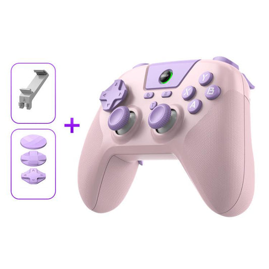 Wireless game controller, pink with purple buttons and carbon-texture thumbsticks