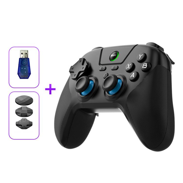 Wireless game controller, black with blue buttons and carbon-texture thumbsticks