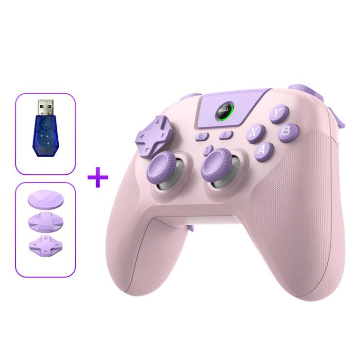 Wireless game controller, light pink with purple buttons and carbon-texture thumbsticks