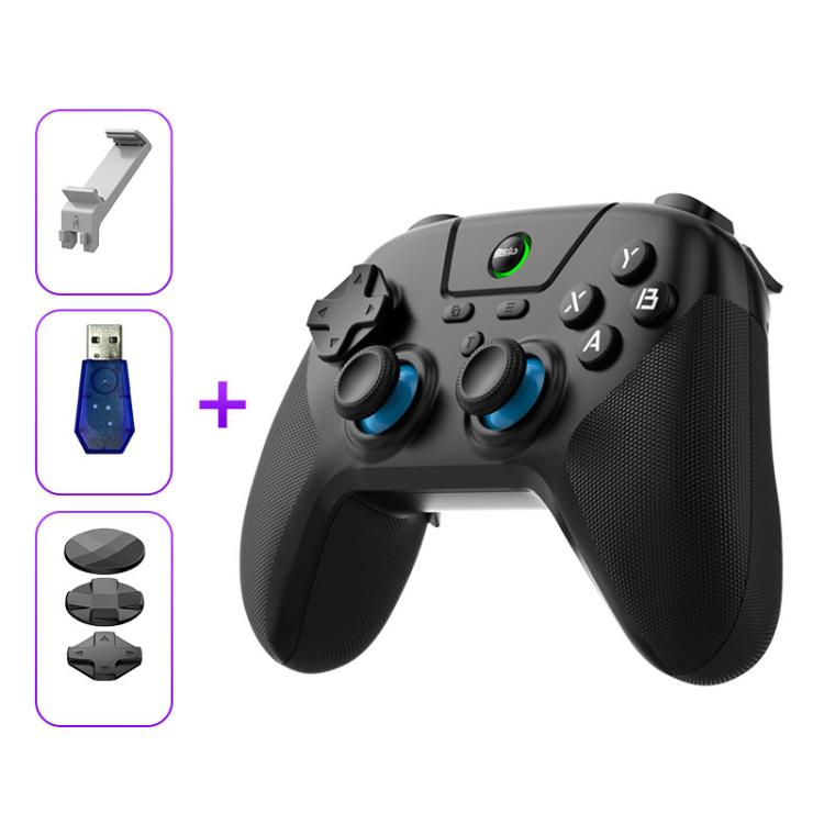 Wireless game controller, black with blue buttons and carbon-texture thumbsticks